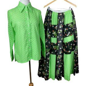 Vintage Chessa Davis Maxi Skirt Blouse‎ Top Set Polka Dot Floral Green 70s Boho